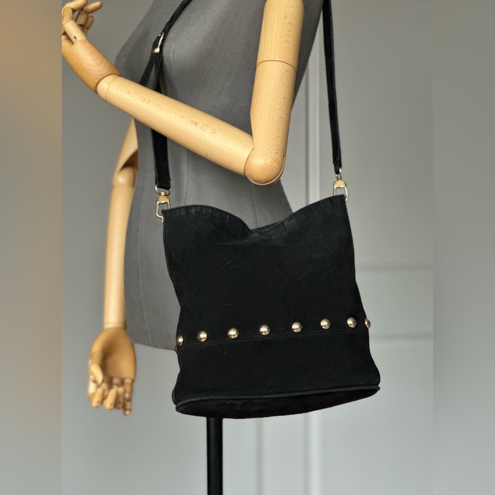 Black Suede Shoulder Bag with Gold Studs